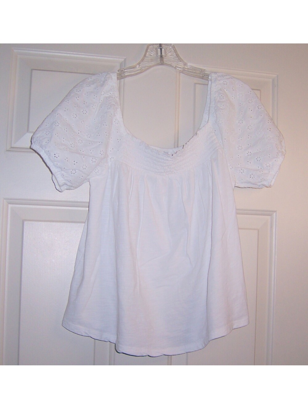 Lucky Brand White Eyelet Puff Sleeve Smocked Top M